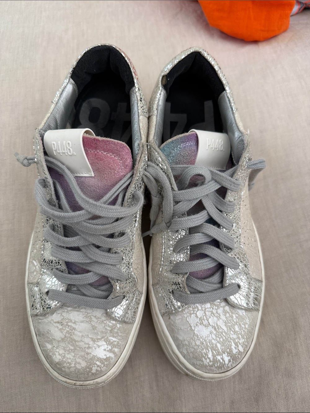 P448 Women’s Silver Metallic Lace-Up Sneakers with Iridescent Tongue